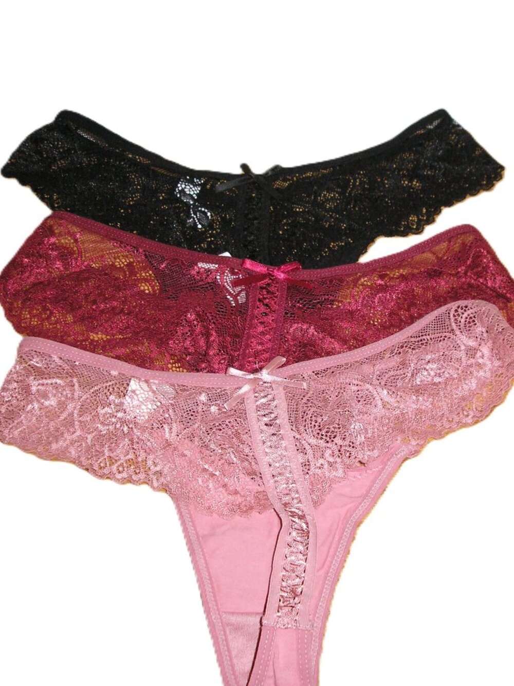 Set of 3 Laceup Detail Thong Panties Lingerie, Pink, Red & Black  Size Medium
